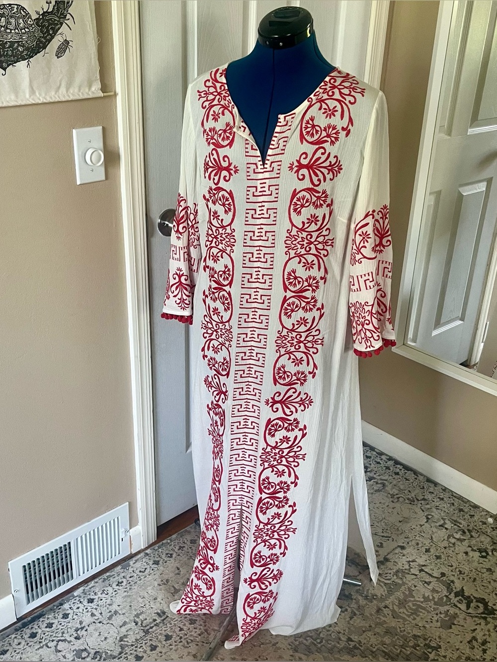 Red and white semi sheer embroidered caftan cover up, super cute Pom Pom sleeves